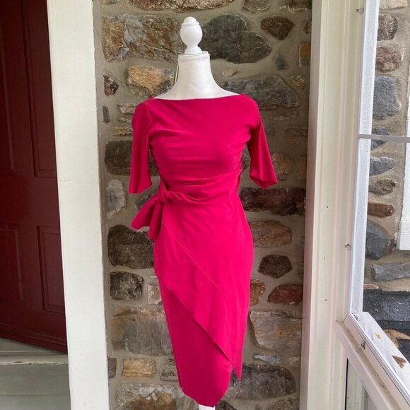 CHIARA BONI LA PETITE ROBE Mimmaly Side-Knot Sheath Faux Wrap Dress FUSCHIA $695 - Picture 3 of 12